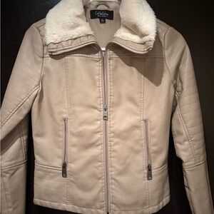 CoffeeShop Women's Beige Leather Jacket with Faux Fur Collar